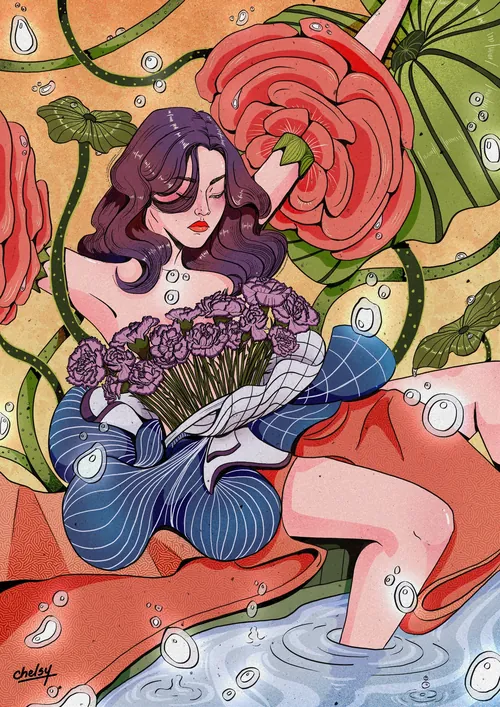 Illustration of a woman with purple hair among flowers and water by Chelsy Escalona