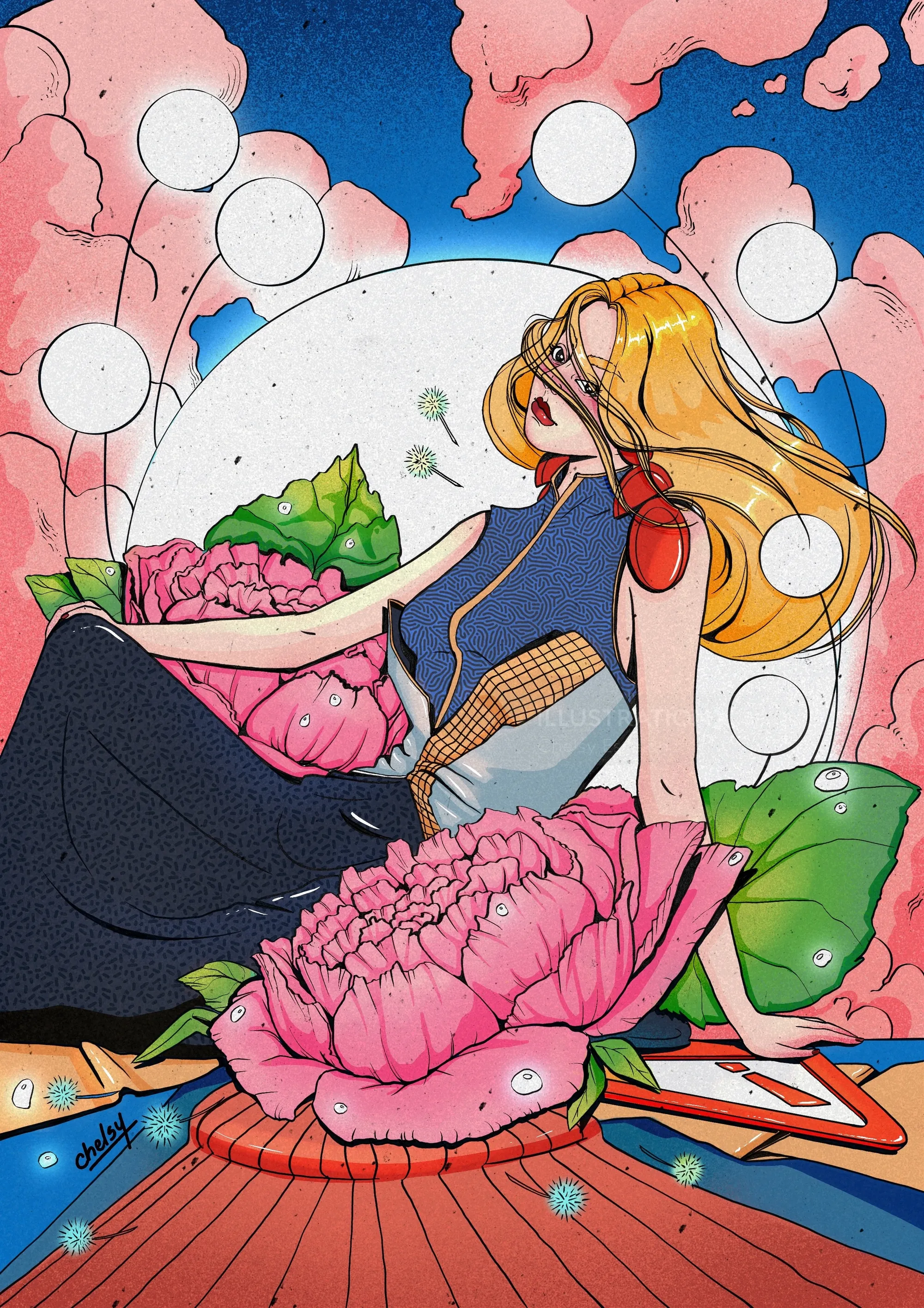 Illustration of a woman with long hair surrounded by large pink flowers and white orbs by Chelsy Esc