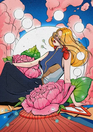 Illustration of a woman with long hair surrounded by large pink flowers and white orbs by Chelsy Esc