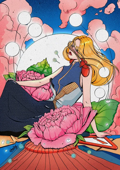 Illustration of a woman with long hair surrounded by large pink flowers and white orbs by Chelsy Esc