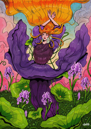 Ilustração conceitual de uma mulher com tema de flores