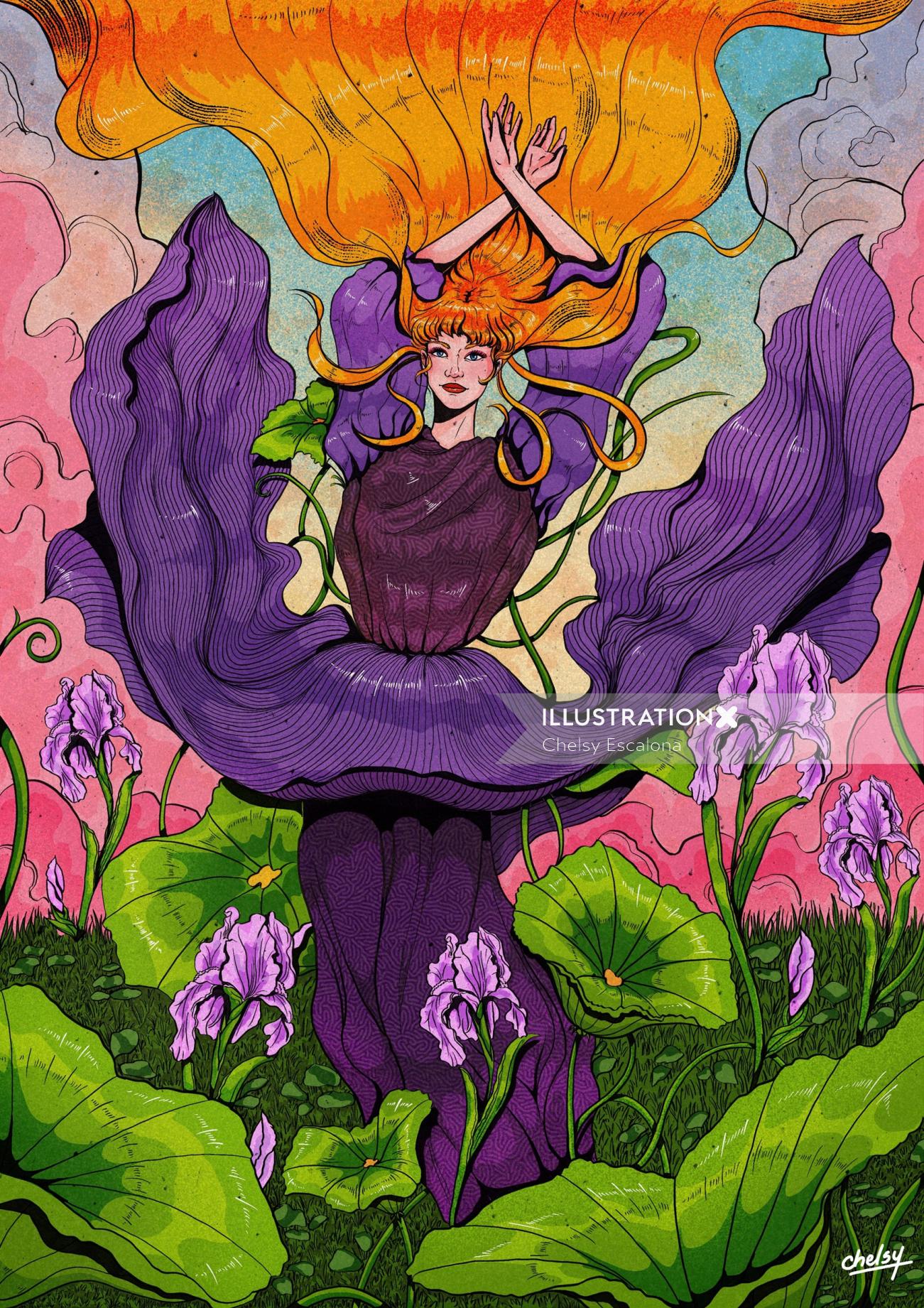 Illustration conceptuelle d&#39;une femme sur le thème des fleurs