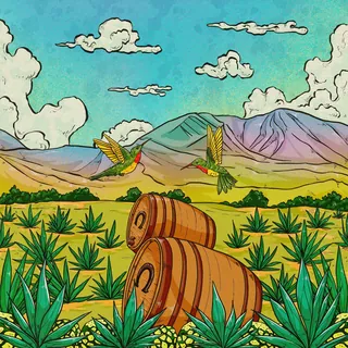 Agave field with large wooden barrels and two flying hummingbirds by Chelsy Escalona