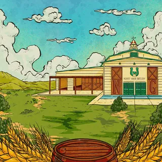 Illustration of Nearest Green Distillery building under blue sky by Chelsy Escalona