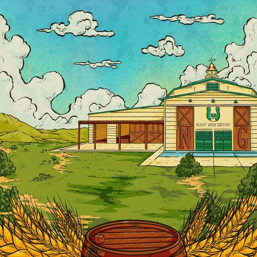Illustration of Nearest Green Distillery building under blue sky by Chelsy Escalona