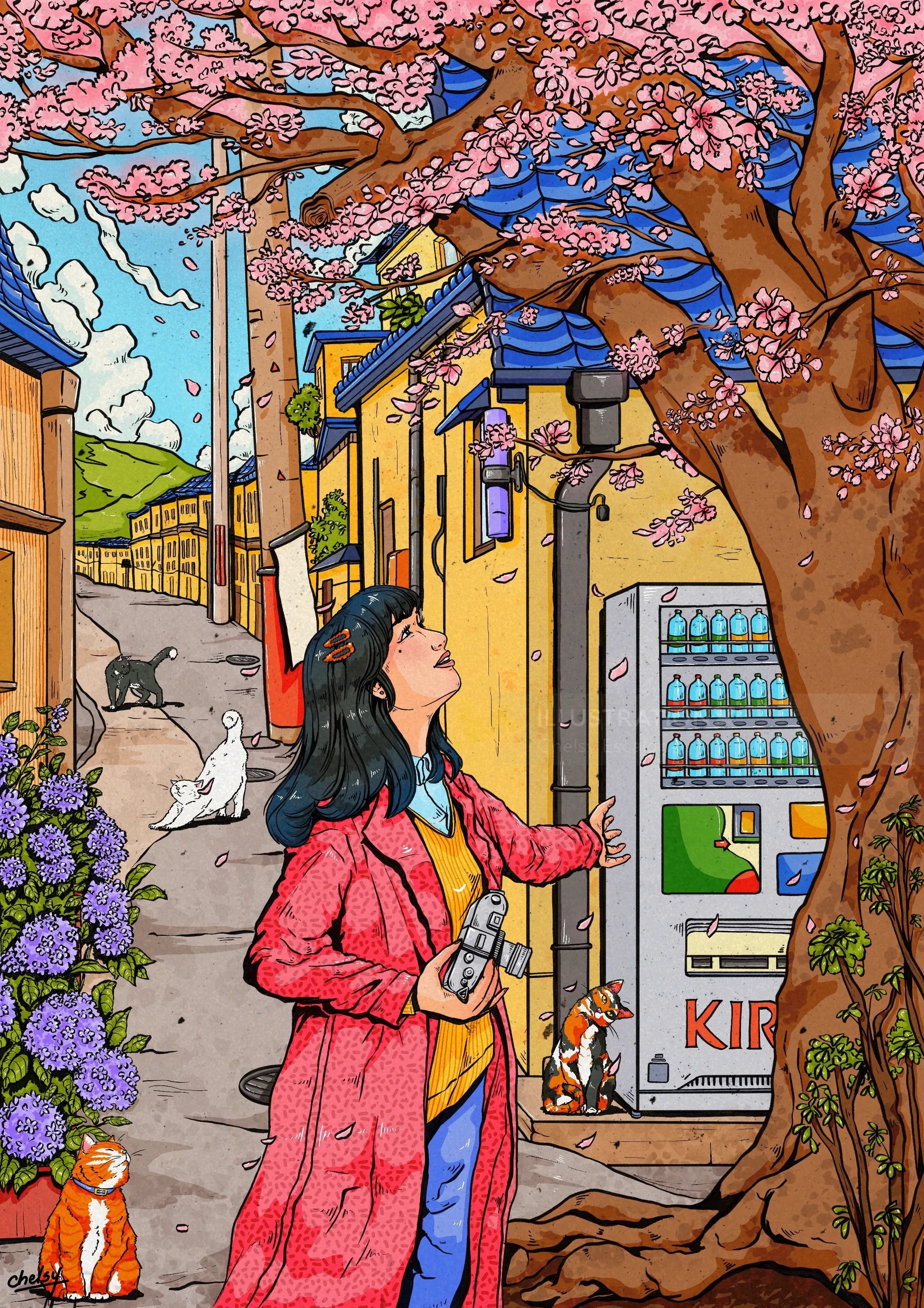 Woman in red coat looking up at cherry blossoms, cats nearby, vending machine