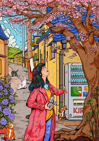 Woman in red coat looking up at cherry blossoms, cats nearby, vending machine
