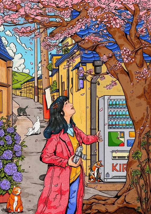 Woman in red coat looking up at cherry blossoms, cats nearby, vending machine