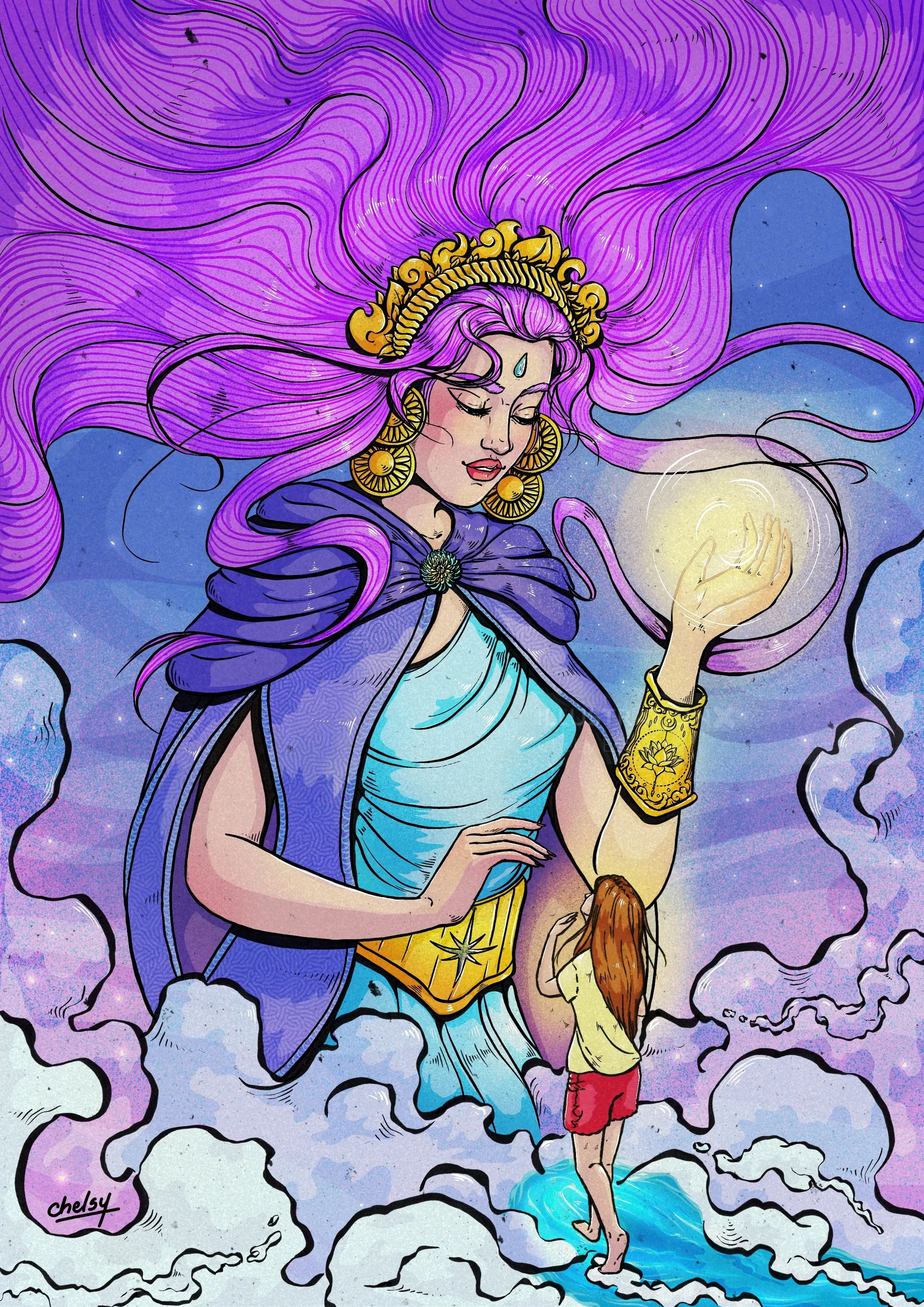 Goddess holding glowing light above child reaching up, by Chelsy Escalona