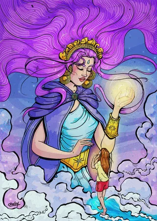 Goddess holding glowing light above child reaching up, by Chelsy Escalona