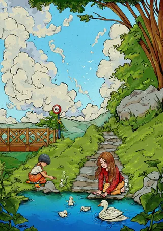 Girl feeding ducks near a wooden bridge and path, artwork by Chelsy Escalona
