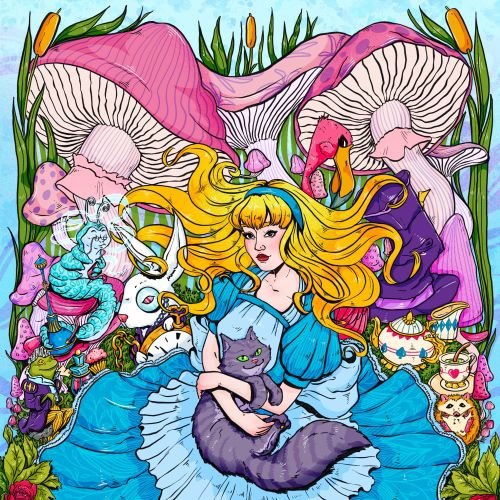 Alice in blue dress with mushrooms and roses, artwork by Chelsy Escalona