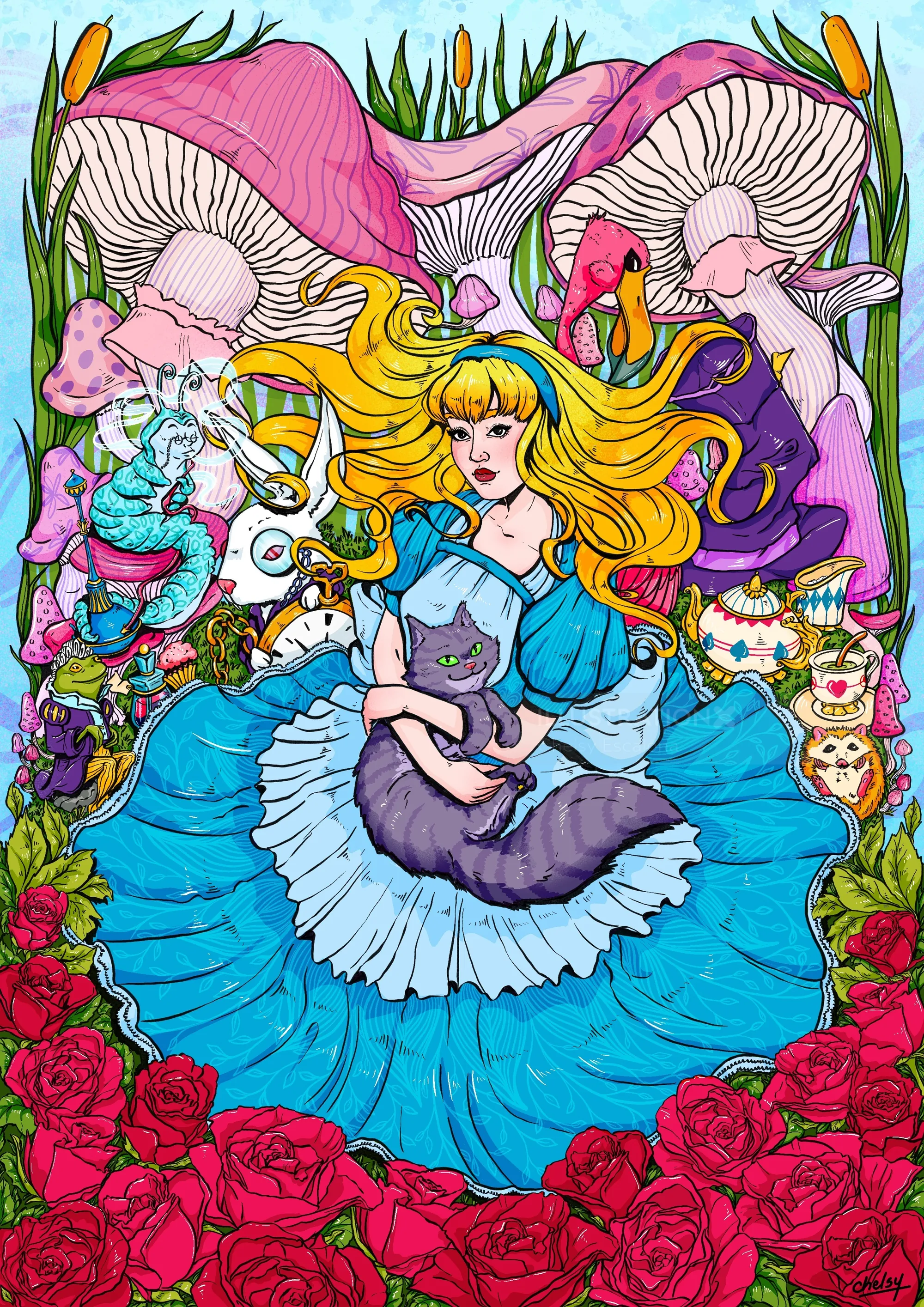 Alice in blue dress with mushrooms and roses, artwork by Chelsy Escalona