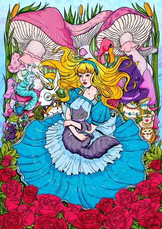 Alice in blue dress with mushrooms and roses, artwork by Chelsy Escalona