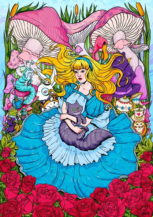 Alice in blue dress with mushrooms and roses, artwork by Chelsy Escalona