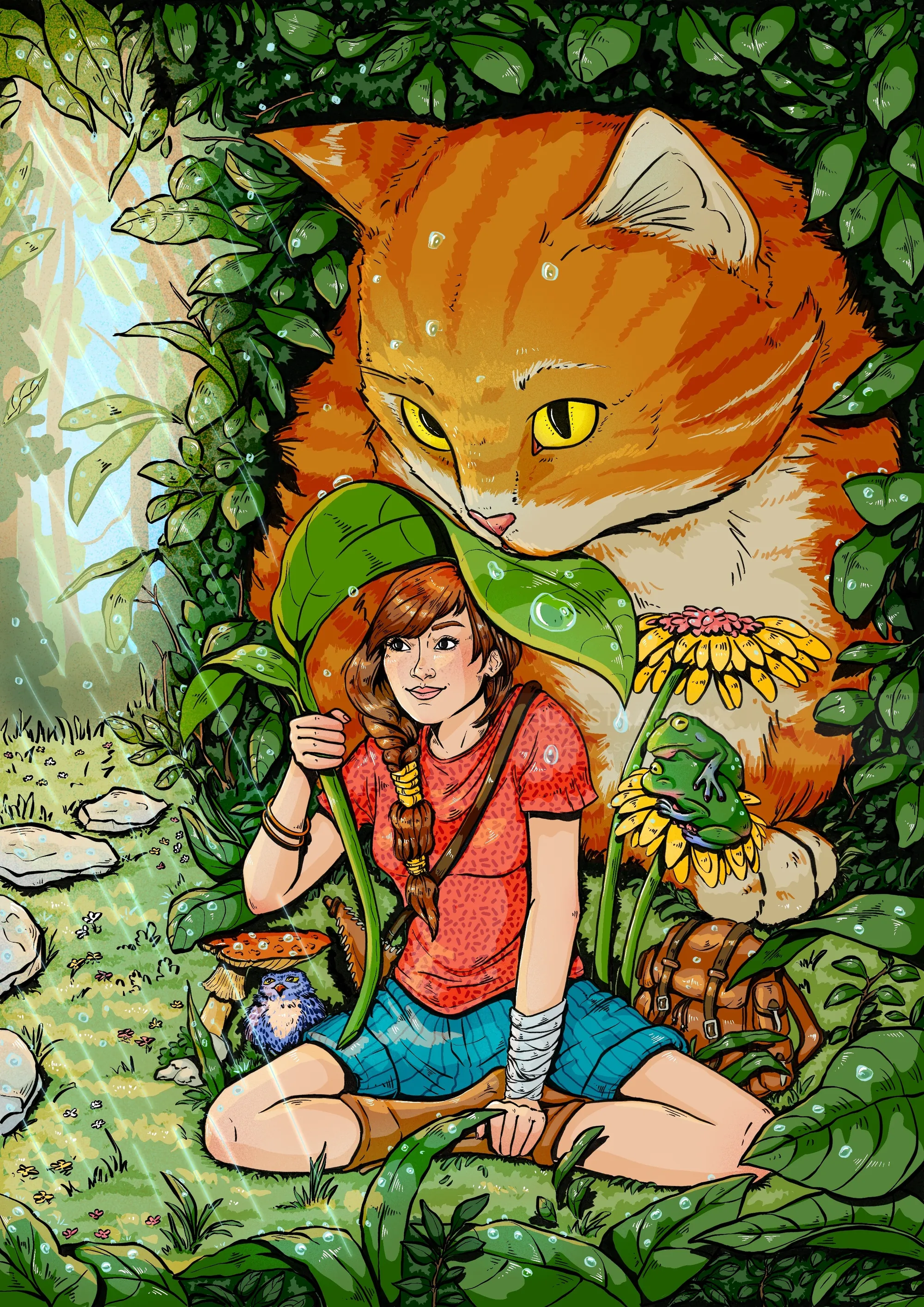 Jane the Tiny with garden friends sheltering from rain by a large cat, by Chelsy Escalona