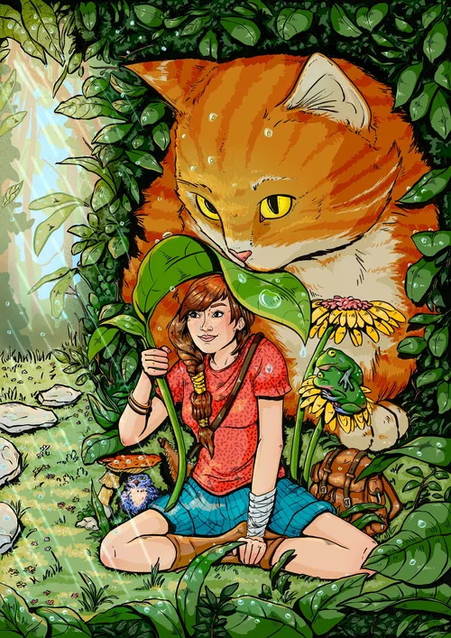 Jane the Tiny with garden friends sheltering from rain by a large cat, by Chelsy Escalona