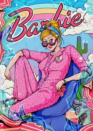Barbie figure in pink outfit breaking out of box, artwork by Chelsy Escalona