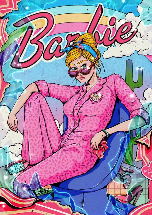 Barbie figure in pink outfit breaking out of box, artwork by Chelsy Escalona
