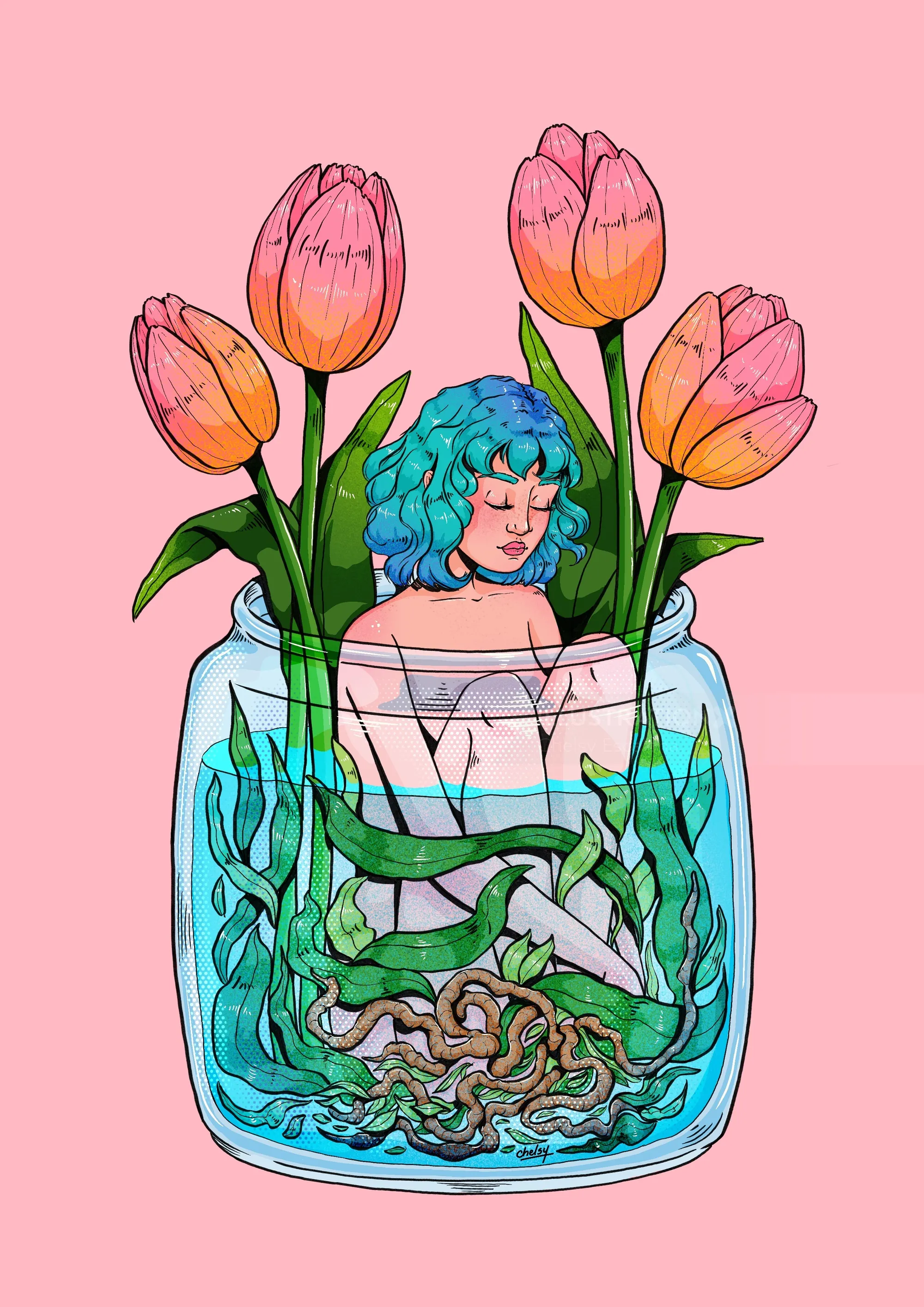 Illustration of woman with blue hair in jar with tulips by Chelsy Escalona