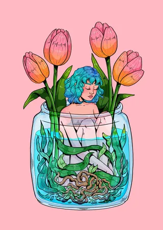 Illustration of woman with blue hair in jar with tulips by Chelsy Escalona