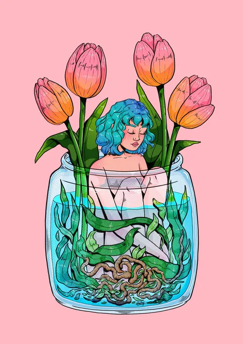Illustration of woman with blue hair in jar with tulips by Chelsy Escalona