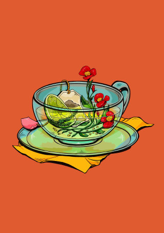 Ilustración de comida y bebida de té verde.
