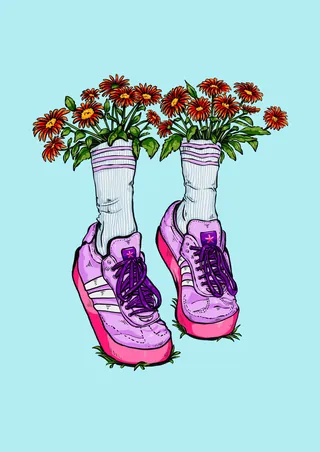 Illustration of flowers sprouting from socks in pink sneakers by Chelsy Escalona