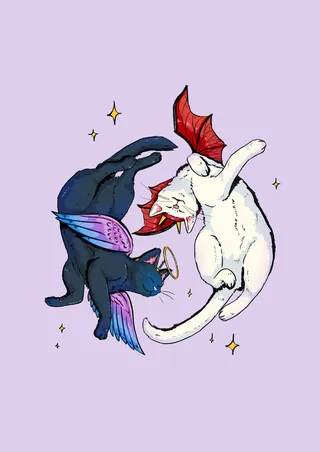 Illustration of a white cat with red wings and a black cat with purple wings by Chelsy Escalona