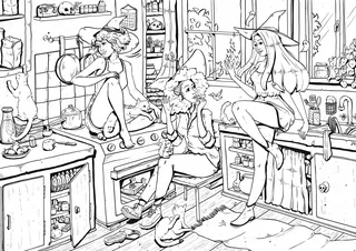 Three witches in a kitchen surrounded by magical items by Chelsy Escalona