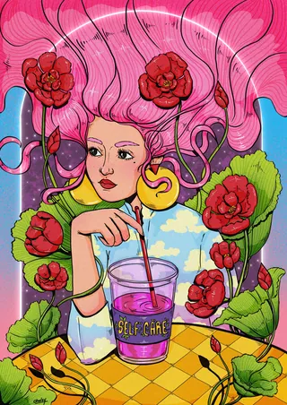 Illustration of woman with pink hair and red flowers holding a straw in a drink by Chelsy Escalona