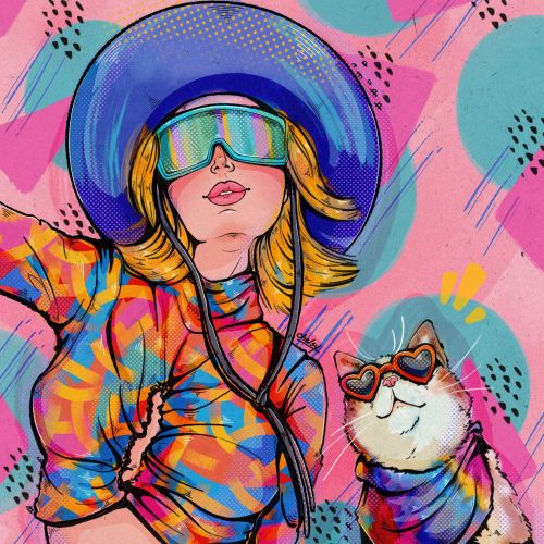 Vibrant illustration of a woman and cat with sunglasses by Chelsy Escalona