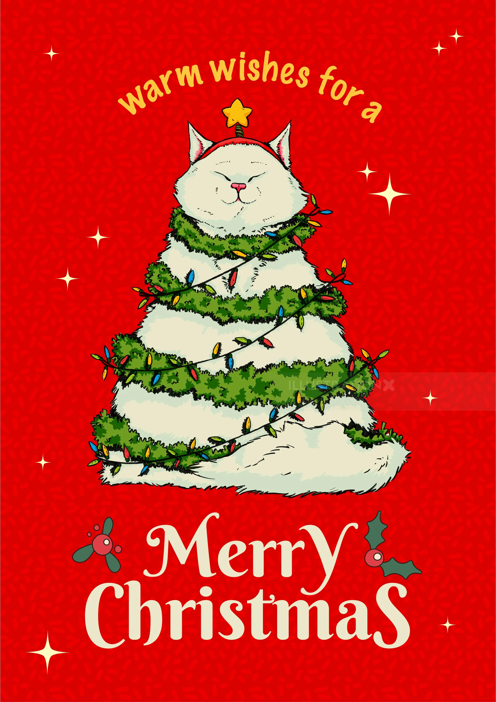 Cat wrapped as a Christmas tree with garland and star on red background