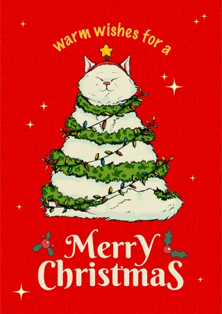 Cat wrapped as a Christmas tree with garland and star on red background