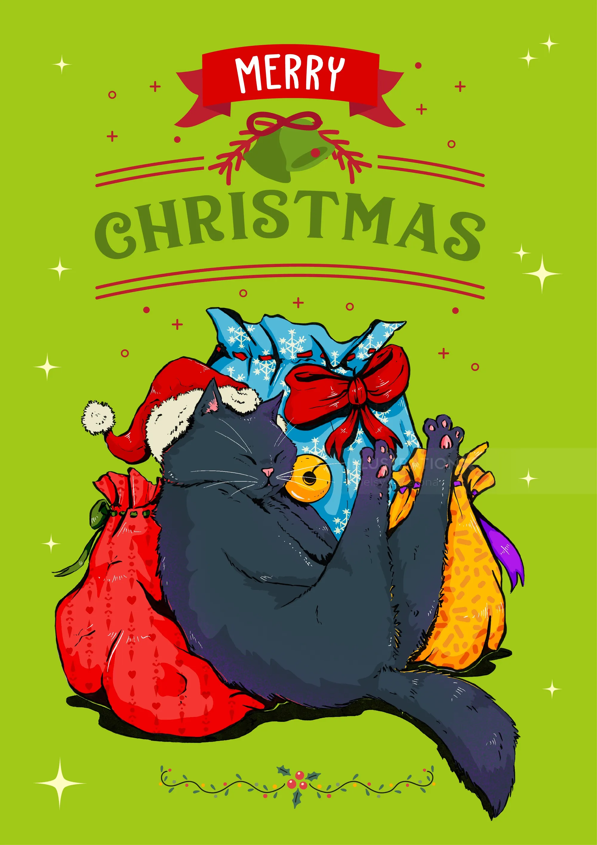 Black cat wearing Santa hat with colorful Christmas gift bags