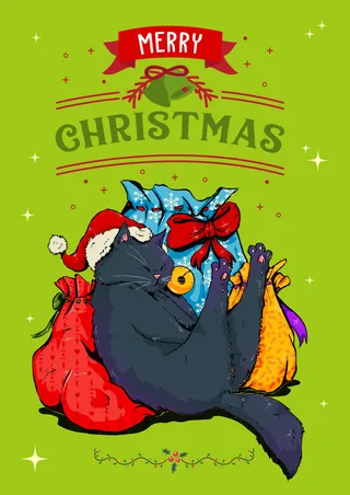 Black cat wearing Santa hat with colorful Christmas gift bags