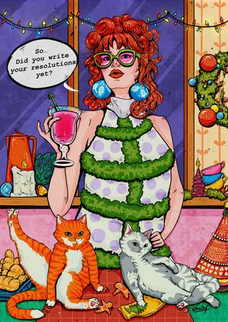 Woman in festive sweater with cats asks about resolutions
