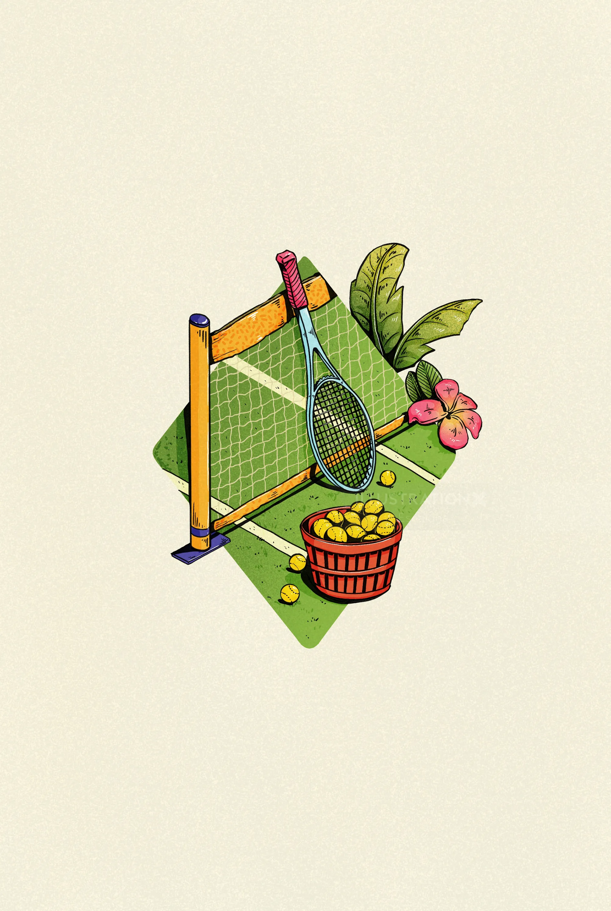 Illustration of a tennis court with racquet, net, ball basket, plants, and flowers