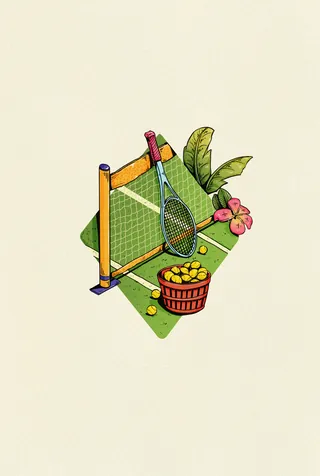 Illustration of a tennis court with racquet, net, ball basket, plants, and flowers