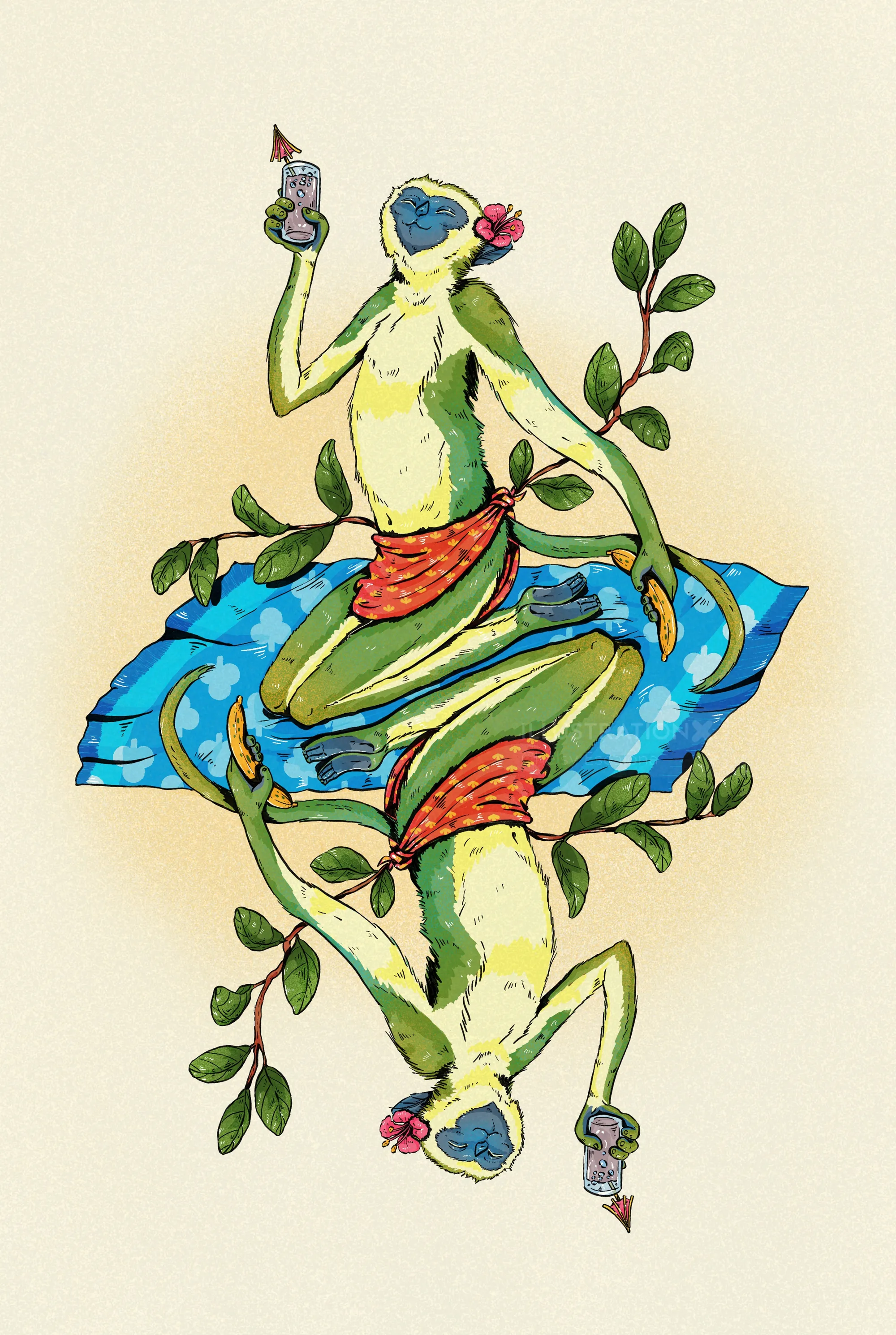 Illustration of a green monkey holding a bottle on a blue cloth