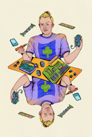 Digital drawing of computer man game card