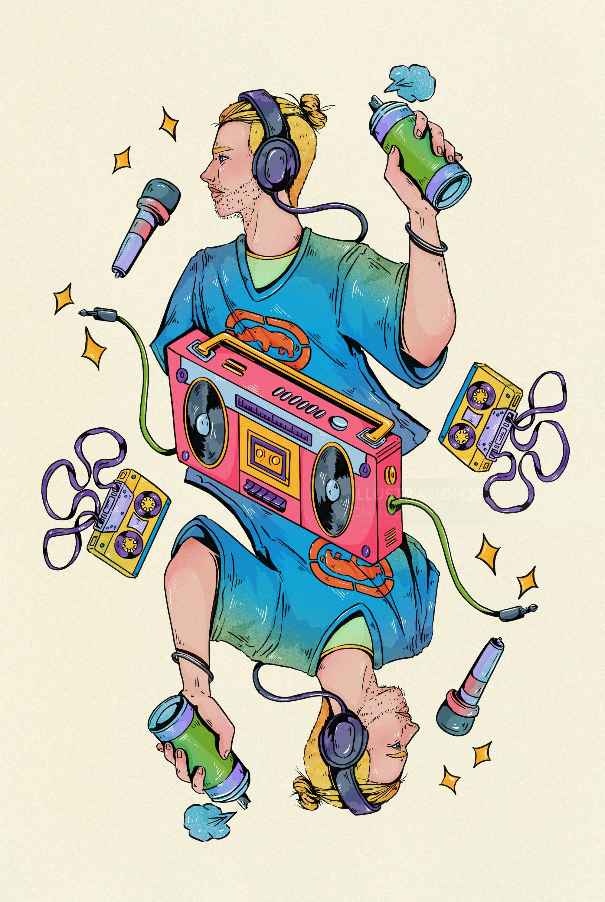 Hip hop man with headphones, boombox, and cassette tapes in vibrant style