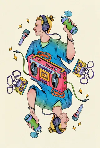Hip hop man with headphones, boombox, and cassette tapes in vibrant style