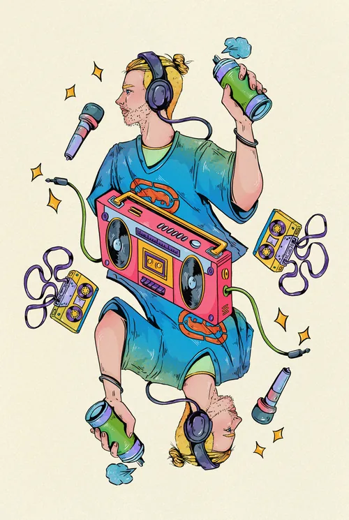 Hip hop man with headphones, boombox, and cassette tapes in vibrant style