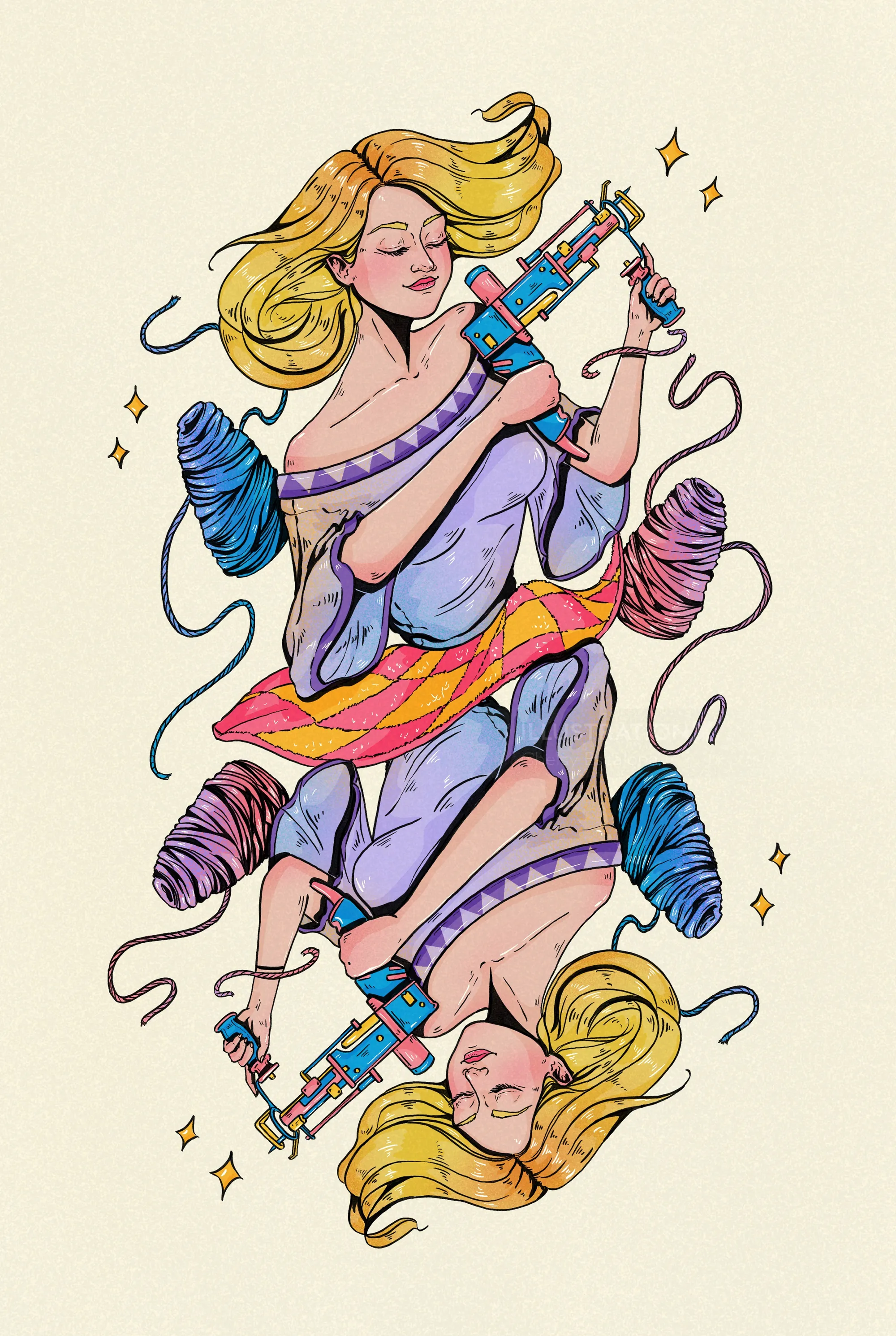Illustration of a girl tufting with yarn and tufting guns