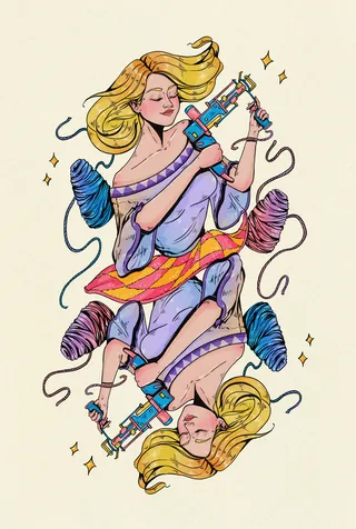 Illustration of a girl tufting with yarn and tufting guns