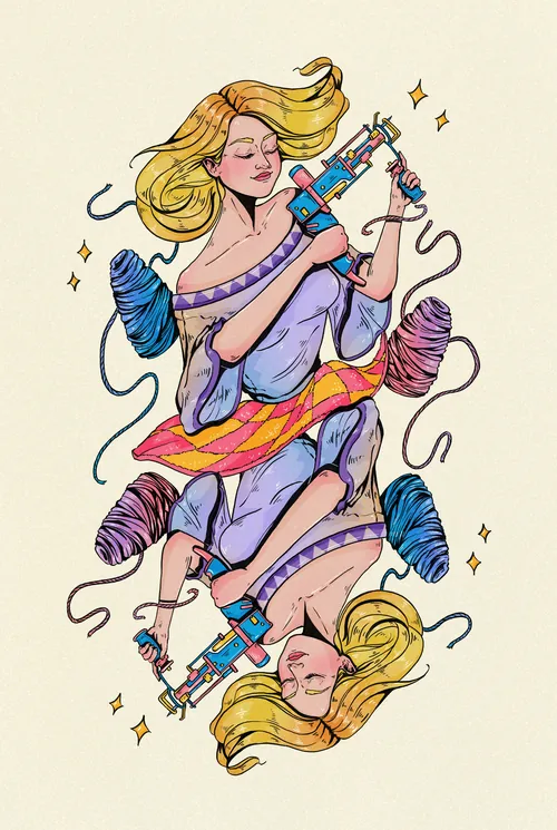 Illustration of a girl tufting with yarn and tufting guns