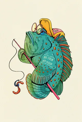 Illustration of a colorful fish holding a fishing rod