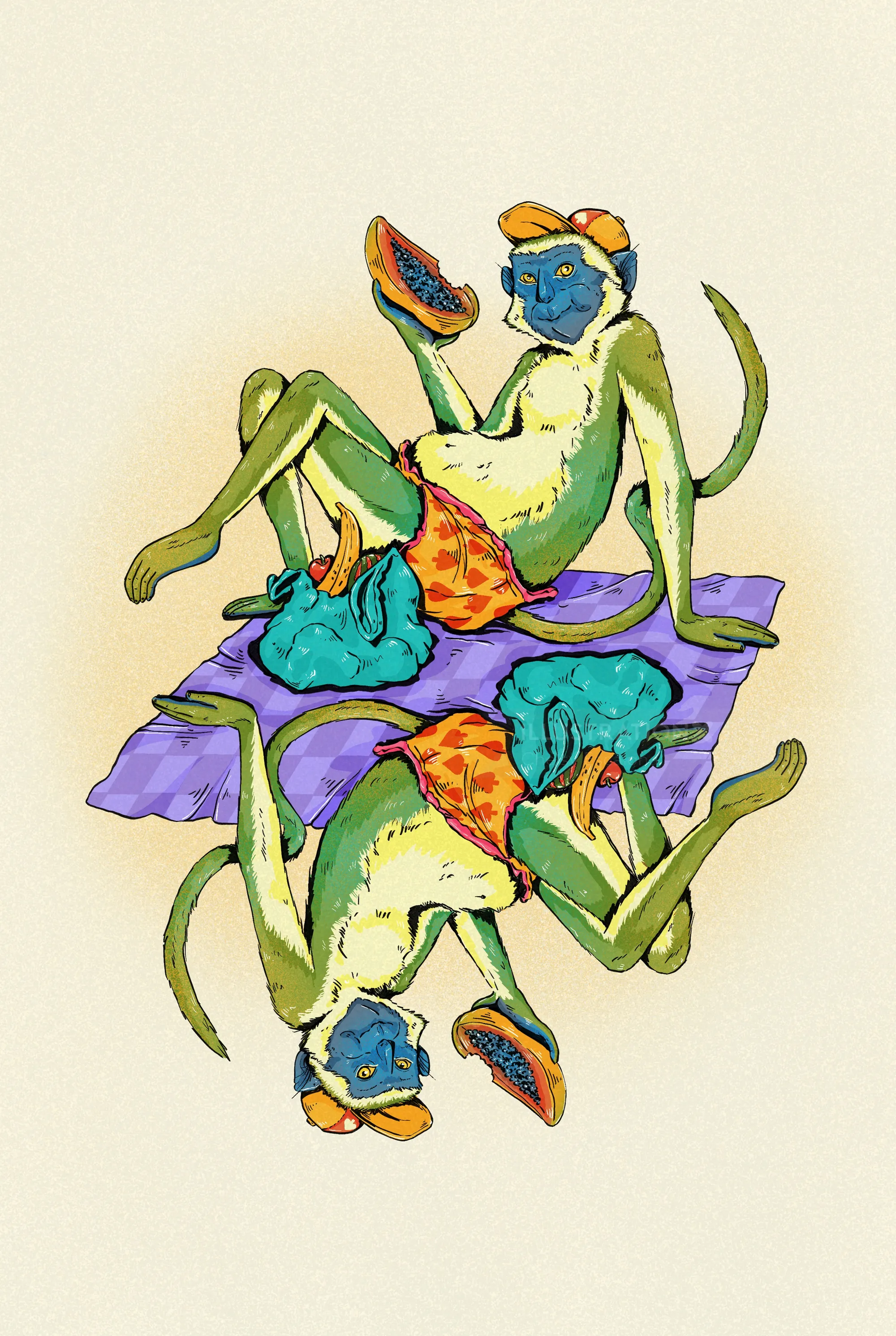 Illustration of two green monkeys in orange shorts relaxing on a purple mat