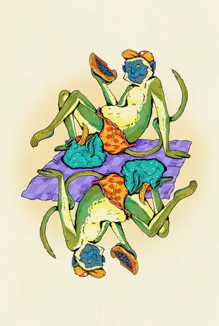 Illustration of two green monkeys in orange shorts relaxing on a purple mat